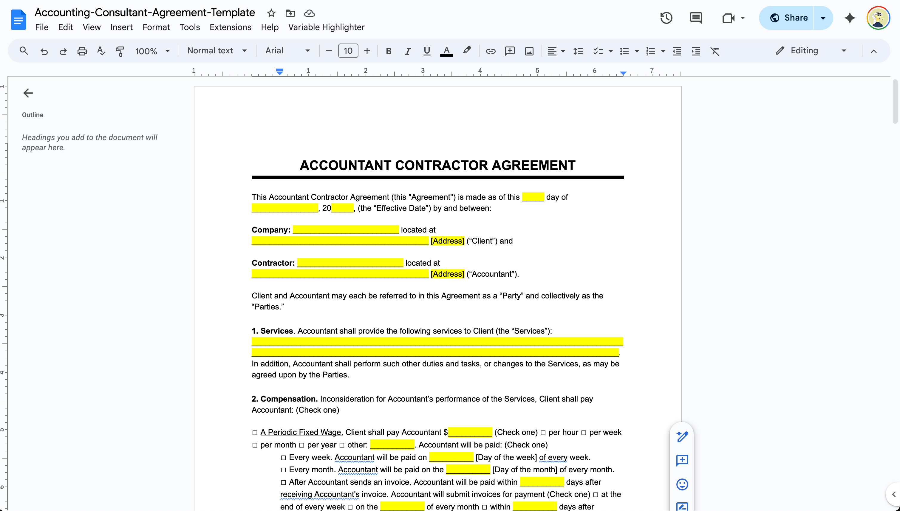 Screenshot of Contract Variable Highlighter — VS Code-style highlighter that finds and color-codes every defined term in a contract so lawyers can spot drafting errors.