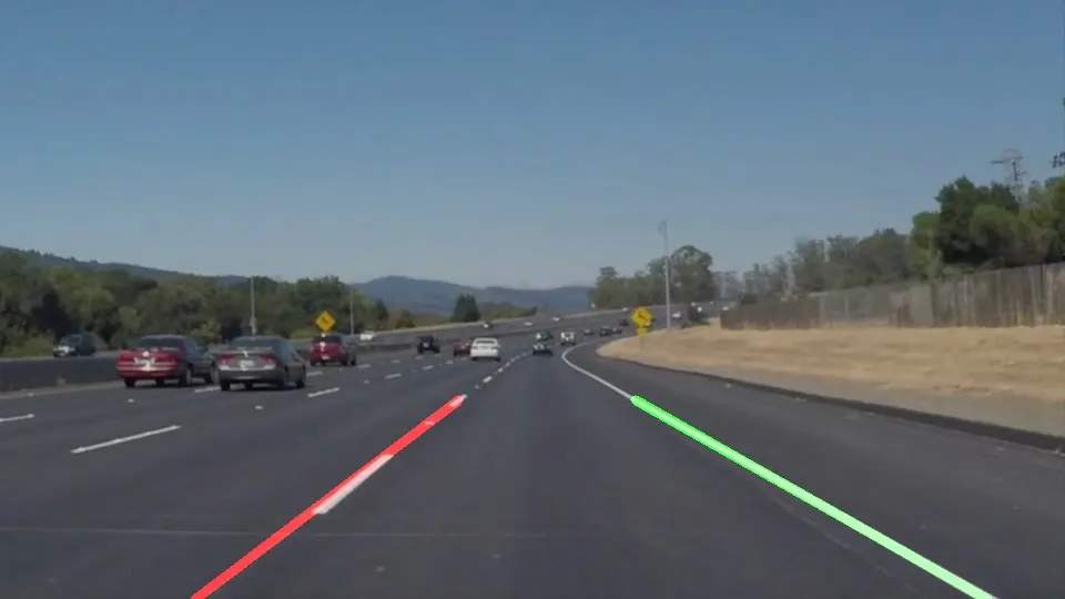 Screenshot of lane-detection — OpenCV pipeline that detects lane lines from a forward-facing dashcam feed.