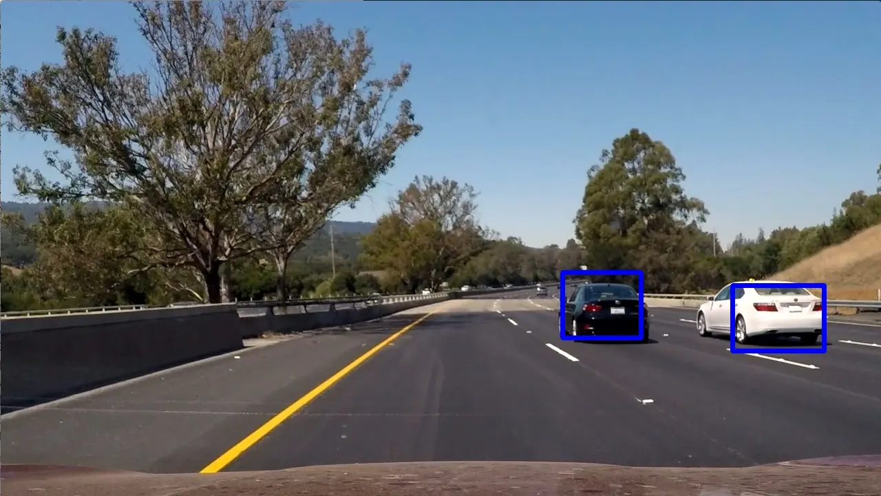 Screenshot of vehicle-detection — SVM + HOG features pipeline that boxes every car in a dashcam frame.